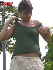Upskirt, flashed while she was taking off her bra