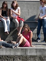 Busty chick voyeured in public. Up skirt sitting
