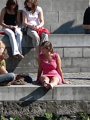 Busty chick voyeured in public. Up skirt sitting