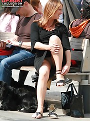 Redhead milf on a bench. Candid sitting upskirt