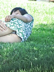 Spy upskirt of asian brunette in green dress. Upskirt gallery