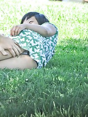 Spy upskirt of asian brunette in green dress. Upskirt gallery