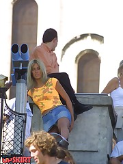 Accidental upskirt. Hot blonde in denim mini