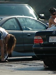 Candid upskirt, near the car. She washed car and flashed teen upskirt