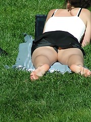Hot ass in nice panties, up skirt, of curly brunette upskirt pantyhose