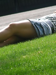 Upskirt view, of young cutie in denim mini skirt teen upskirt