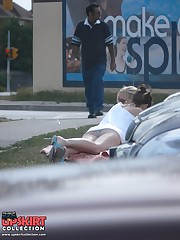 Sexy blonde in bikini. Hot upskirt view upskirt pantyhose