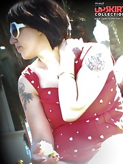 Female upskirt - tattooed brunette flashed on a glade upskirt pantyhose