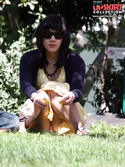 Upskirt. Voyeur up yellow skirt in public upskirt pantyhose