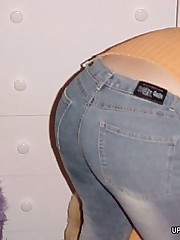 Girls in tight blue jeans erotically bending over celebrity upskirt