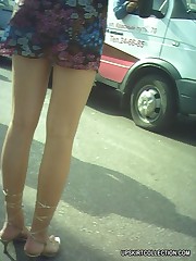 Lewd babes' upskirt view looks great when they wear nylons up skirt pic