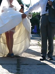 Shots of Hot Bride In Wedding Dress upskirt shot