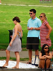 Upskirting. two ckicks in striped dresses candid upskirt