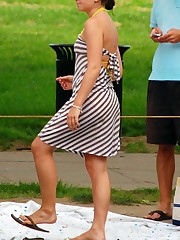 Upskirting. two ckicks in striped dresses upskirt pantyhose