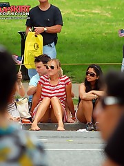 Upskirting. two ckicks in striped dresses celebrity upskirt