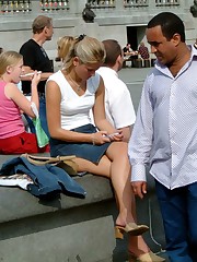 Spy upskirt, of beautiful blonde in denim mini candid upskirt