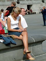 Spy upskirt, of beautiful blonde in denim mini upskirt pantyhose