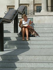 Spy upskirt, of beautiful blonde in denim mini upskirt shot