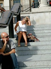 Spy upskirt, of beautiful blonde in denim mini upskirt no panties