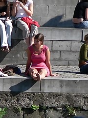 Busty chick voyeured in public. Up skirt sitting upskirt pantyhose