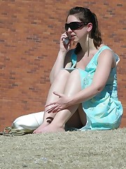 Public upskirt flashing girls - brunette in blue upskirt pic