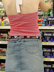 Hot upskirt shopping - peek up denim mini upskirt shot
