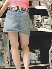Hot upskirt shopping - peek up denim mini celebrity upskirt