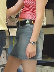 Hot upskirt shopping - peek up denim mini teen upskirt