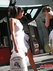 Panty upskirt - brunette in white dress voyeured upskirt pussy