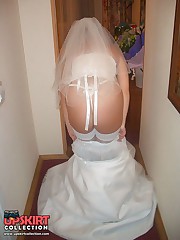 Lusty bride boasting stockings and sexy thong upskirt pussy