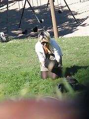 Blondie in black leggings sneaky peeked. MILF upskirt upskirt pantyhose