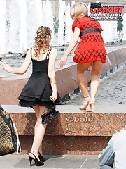 Red panty up blode's red dress upskirt pussy