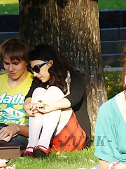 Hot brunette shows stockings up skirt upskirt picture