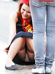 Hot upskirt girls have fun by fountain upskirt pantyhose