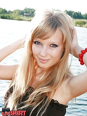 Blonde bimbo shows panty up skirt teen upskirt