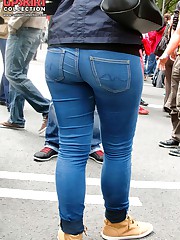 Spread legs in tight spandex jeans upskirt pic