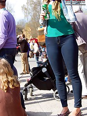 Spread legs in tight spandex jeans celebrity upskirt