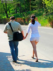 Long haired girl in denim shorts upskirt shot