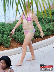 Fat bikini fems waving the booty upskirt no panties