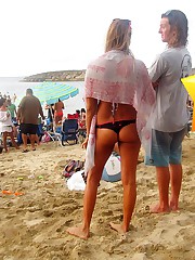 Horny nude action of bikini blonde upskirt photo