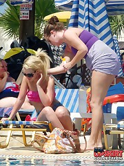 Girls in bikinis lying and bent over upskirt pic
