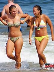 Chubby fems on the beach in bikinis upskirt no panties