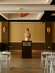 Sloan Kendricks decided to give a special presentation in the conference room. Luckily, I did not have my press pass revoked. She gets a real kick from sneaking into places that are off-limits. It reminds me of someone else I know. The large space was probably filled with boring middle-aged zombies the next day. But today, it was Sloan's. Zishy strikes again. upskirt pic