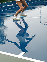 Among other sports, Moon Torrance played tennis at a high level when she was in high school. She may have outgrown her old outfit, but she can still serve a mean soggy ball when it's rainy out and a camera is pointed in her direction. Stay tuned for more of this lively performer. Moon loves the spotlight. upskirt photo