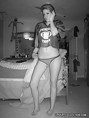 Bare titted girls cover boobs with hands and expose thong