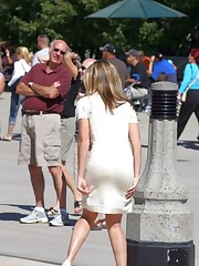 Upskirt, voyeured during photosession of sexy blonde