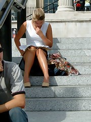 Spy upskirt, of beautiful blonde in denim mini